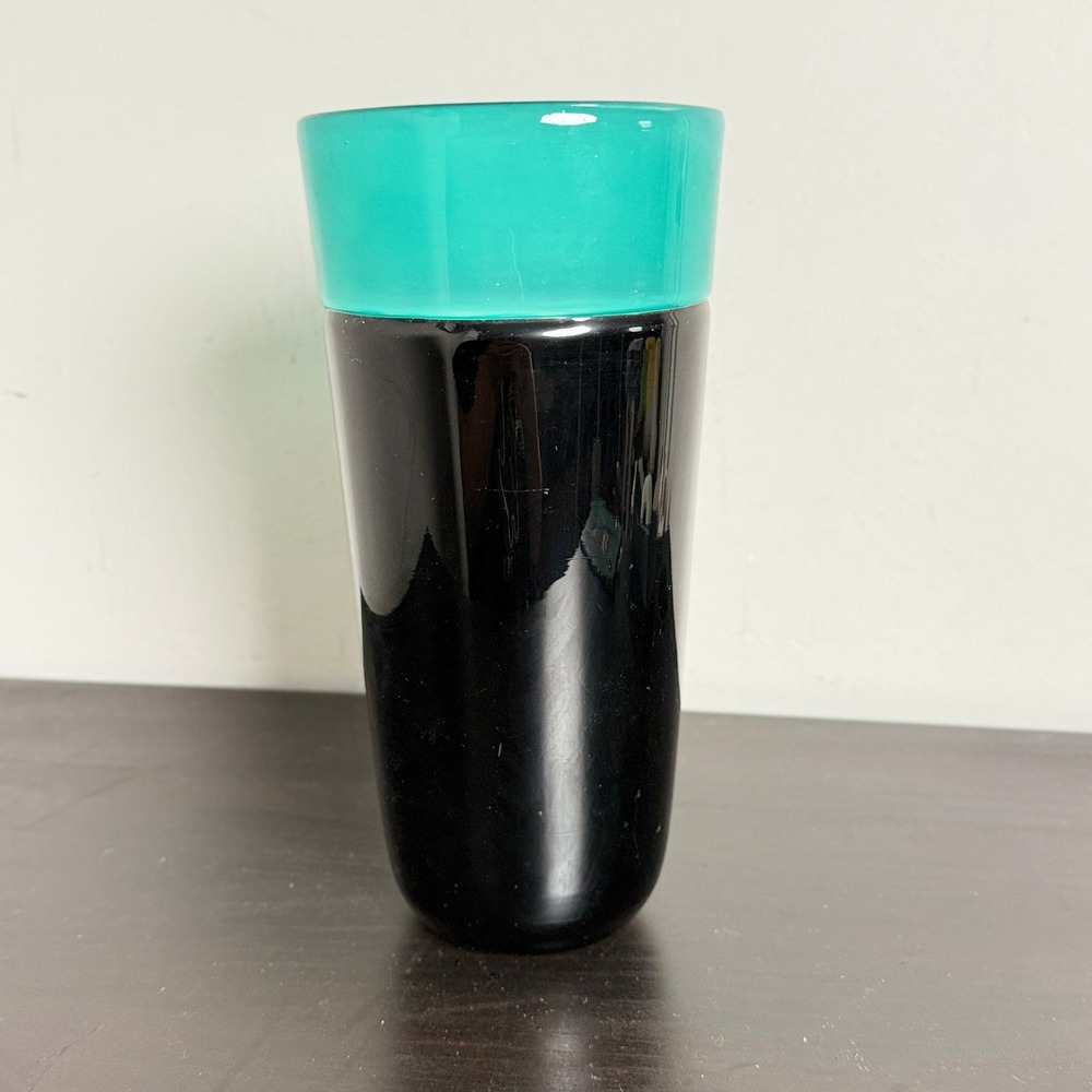 Murano Incalmo Art Glass Vase Mario Gambaro Signed Black Turquoise 9.75" MCM